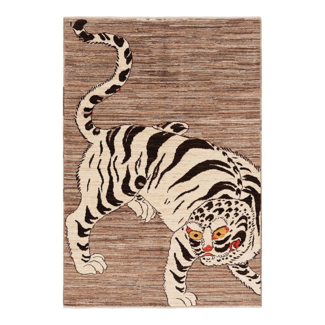 Rug & Kilim’s Contemporary Tiger Pictorial Rug in Beige-Brown and Black Tones For Sale