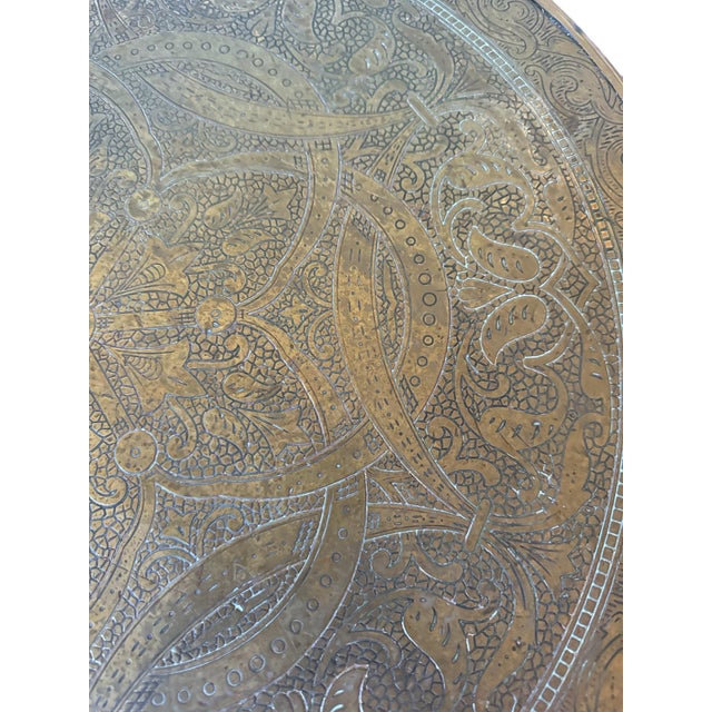 Early 20th Century Moroccan Engraved Brass Tray on Adjustable Wooden Stand. For Sale - Image 5 of 9