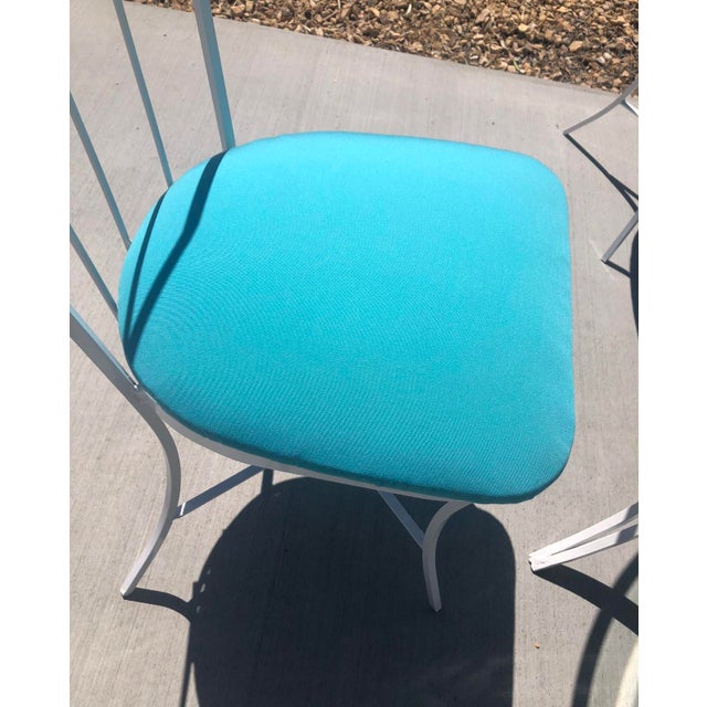 Vintage MidCentury Modern Wrought Iron Blue & White Patio Table & 4