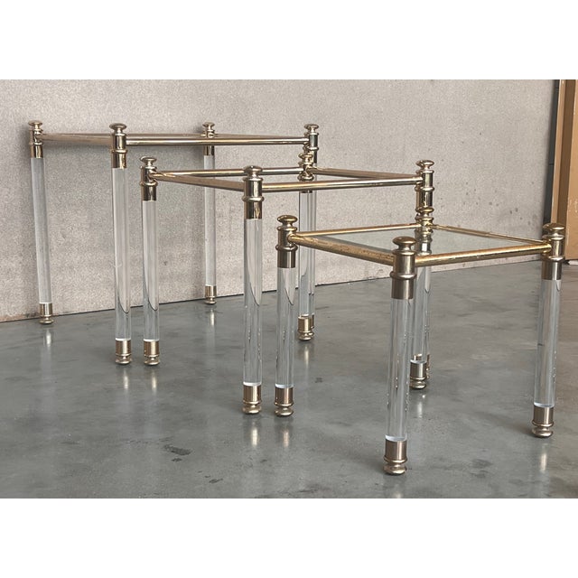 Set of Three Vintage Lucite an Brass Nesting Tables With Glass Top For Sale - Image 11 of 12