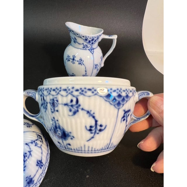Vintage MCM Royal Copenhagen Blue Fluted Half Lace Porcelain Sugar Pot Creamer Set For Sale In Phoenix - Image 6 of 8