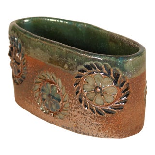 1970s Handcrafted Signed Studio Pottery Floral Relief Ceramic Vessel Cachepot in Earthy Brown & Green Glaze For Sale