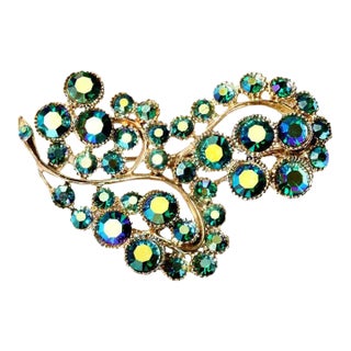 Vintage Aurora Borealis Iridescent Blues, Greens Crystal Pin or Brooch For Sale