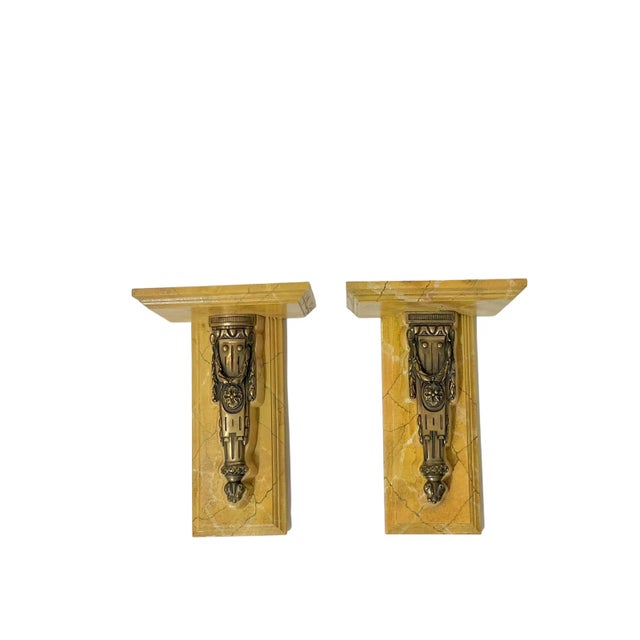 Bronze Pair Vintage French Neoclassical Style Bronze Hardware Faux Marble Wood Wall Brackets Shelves For Sale - Image 8 of 9