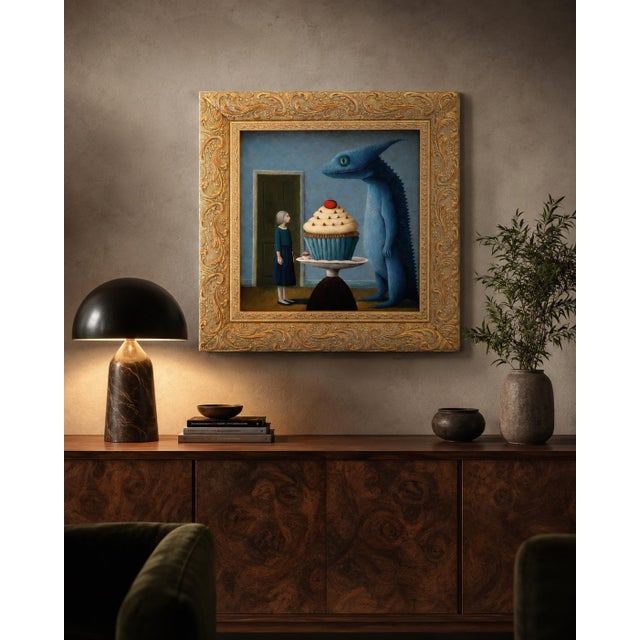 Sweet Exchange Giclee Print plexi faux glass Framed Whimsical surreal painting of a girl and a strange creature facing an...