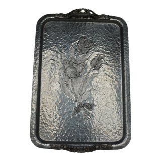 1950s Rodney Kent Aluminum Hand-Wrought Hammered Rectangular Tray With Handles For Sale