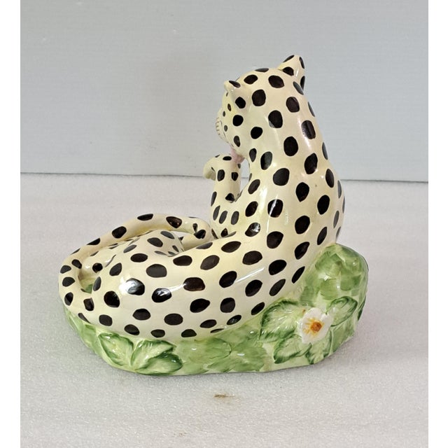 Ceramic Vintage Jeanne Reed’s Hand-Painted Porcelain Reclining Leopard Figurine With Floral Base For Sale - Image 7 of 12