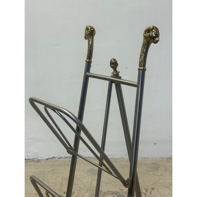 Maison Jansen Style Steel and Brass Rams Head and Feet Magazine Rack, Italy For Sale - Image 9 of 12