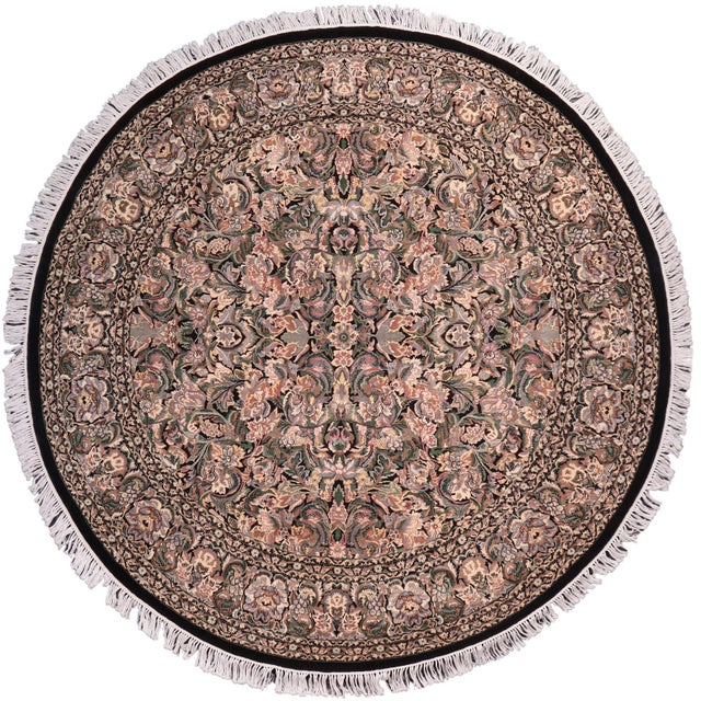 Shabby Chic 1990's Floral Pak-Persian Black/Gray Wool Round Rug- 7'11'' X 8'0'' For Sale - Image 9 of 9