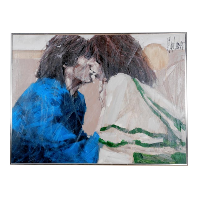1980s Aldo Luongo "Untitled" Lovers Original Oil on Canvas One of a Kind in Silver Tinted Frame For Sale