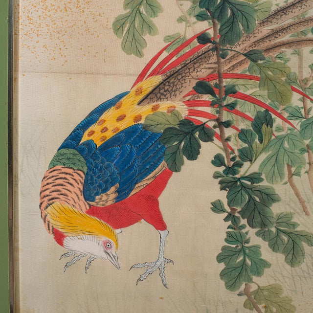 4' Tall Vintage Wall Panel, Oriental, Watercolour on Silk, Framed Art, Art Deco For Sale - Image 11 of 12