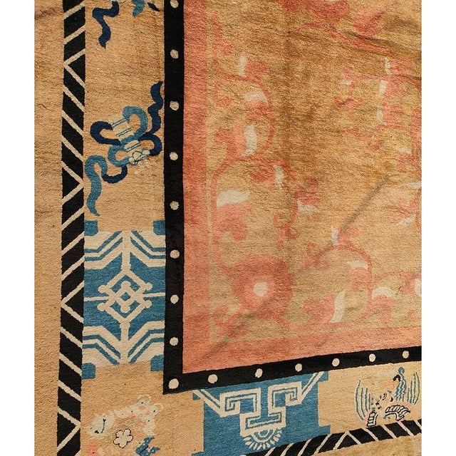 Textile 1890s Antique Warm Solid Open Field Bird Chinese Peking Knotted Room Size Rug For Sale - Image 7 of 9