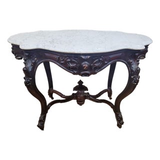 Antique American Victorian 19th C Carved Rosewood Turtle Marble Top Center Table For Sale
