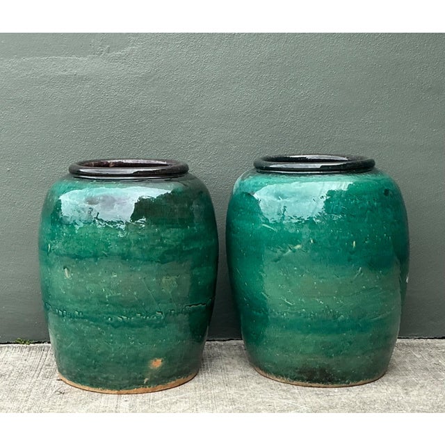 Vintage Green Glazed Earthenware Vessels - A Pair For Sale - Image 12 of 18
