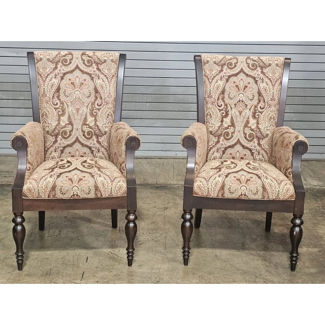 Store Item: Pair of Paisley Upholstered Armchair Made By Country Hill, Millersburg Ohio Description: Pair of Hand Crafted...