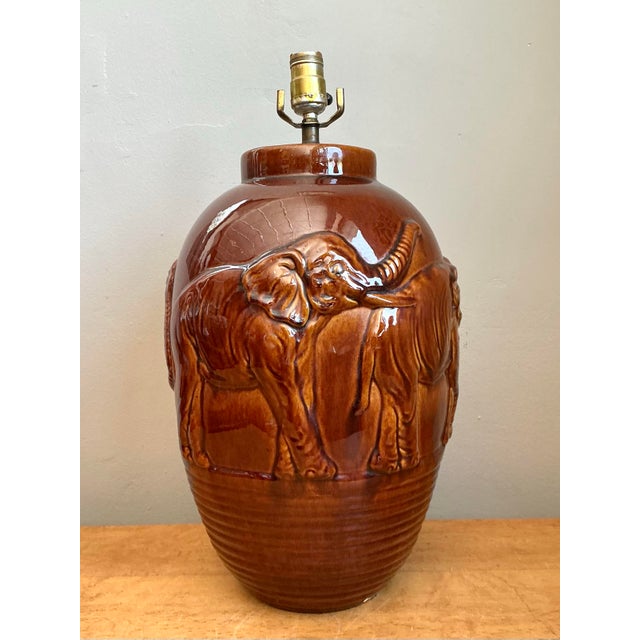 Vintage Brown Glazed Ceramic Elephant Lamp For Sale - Image 12 of 12