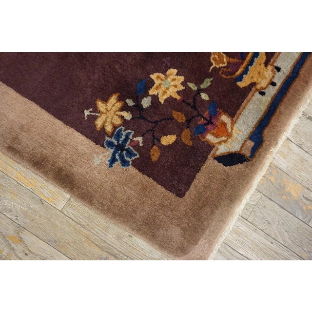 1920s Splendid Plum Ground Flower Design Antique Chinese Art Deco Knotted Rug For Sale In New York - Image 6 of 13
