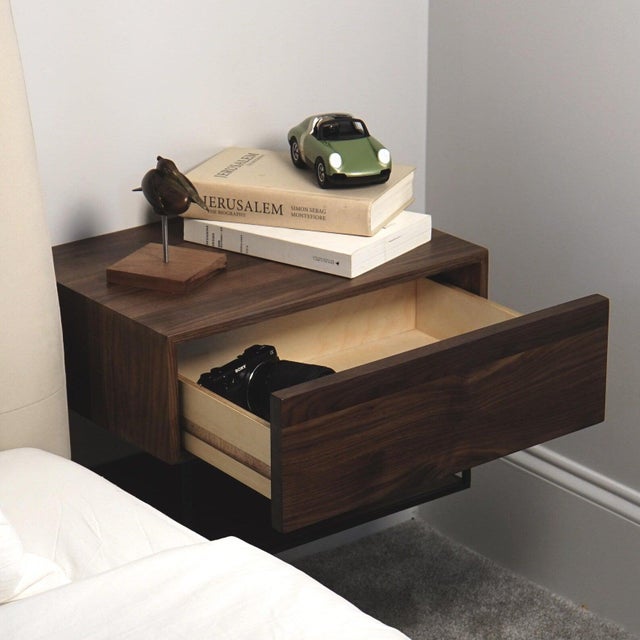 Floating Nightstand With Drawer, Solid Walnut Wall Mounted Bedside Table, Narrow Minimalist Bedroom Nightstand For Sale - Image 10 of 10