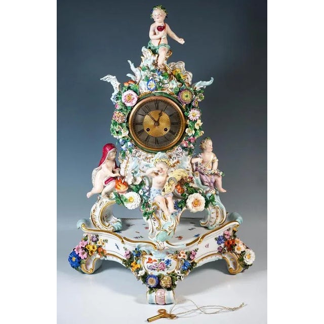 The Four Seasons Splendour Clock with Pedestal by Leuteritz for Meissen, 1880s For Sale - Image 11 of 12