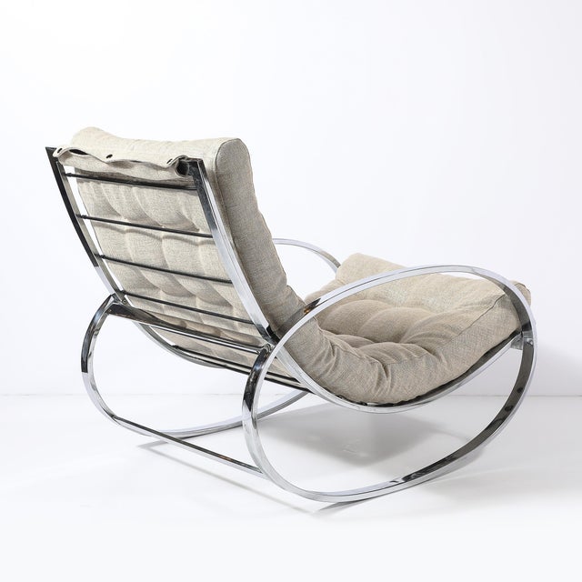 Beige Mid-Century Chrome Rocking Lounge Chair W/ Button Detailing by Milo Baughman For Sale - Image 8 of 12