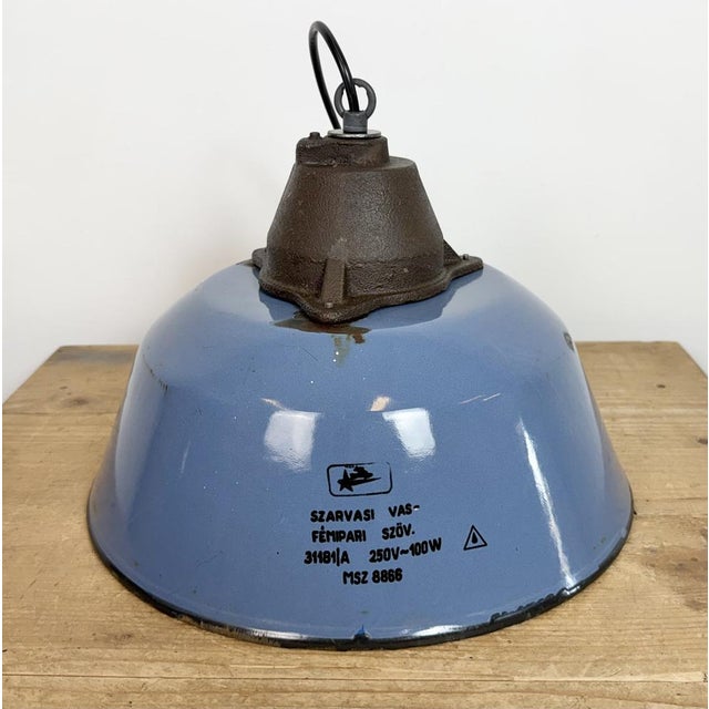 Industrial Blue Enamel and Cast Iron Pendant Lamp, 1960s For Sale - Image 12 of 18