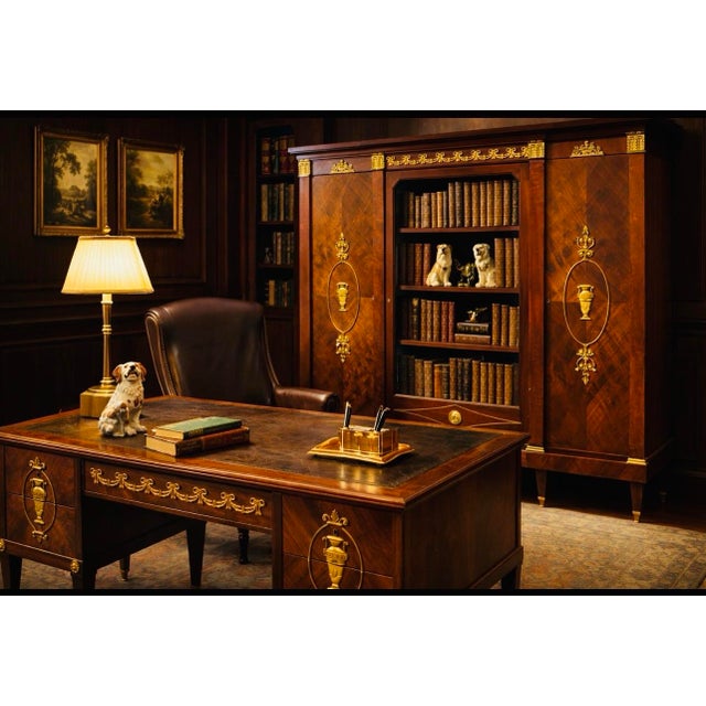 Elegant French Louis XVI style office suite comprising a mahogany writing desk and matching bookcase cabinet, both richly...