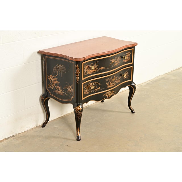 Drexel Heritage Drexel Heritage Hollywood Regency Chinoiserie Black Lacquered Hand Painted Chest of Drawers, Circa 1970s For Sale - Image 4 of 13