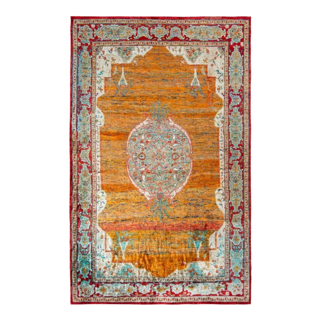 Rug & Kilim’s Classic Agra Style Rug in Orange-Red, Blue Medallion Pattern For Sale