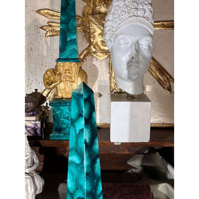 Pair of Grand Tour Faux Malachite Hand Painted & Gilded Obelisks of Minerva For Sale - Image 9 of 13