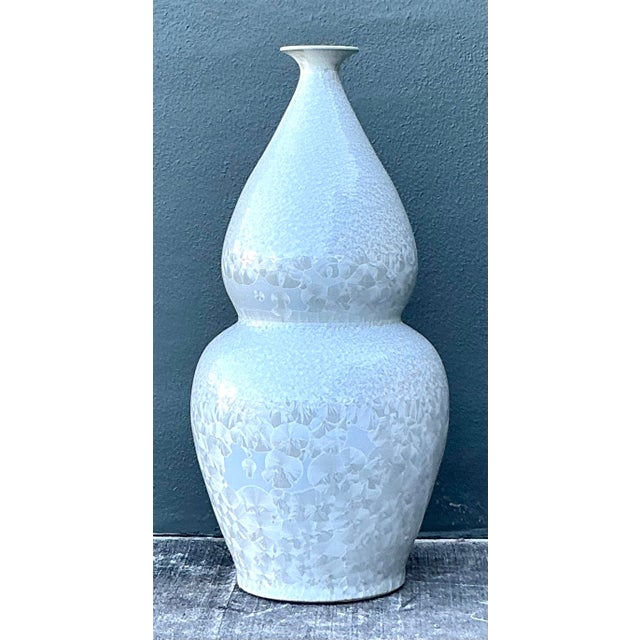 Vintage Regency Monumental Crystal Glazed Ceramic Gourd Floor Vase - A Pair For Sale - Image 9 of 11