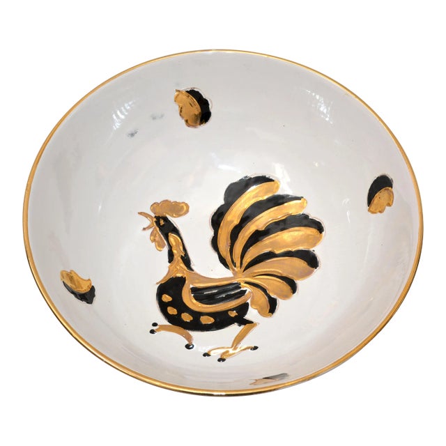 Gallo d'Oro Italy Vintage Hand Painted Ceramic Gold, Black & White Serving Bowl For Sale
