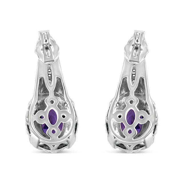 Contemporary .925 Sterling Silver 8x6 MM Natural Oval Purple Amethyst Gemstone and Diamond Accent Art Deco Style Drop and Dangle Earrings For Sale - Image 3 of 5