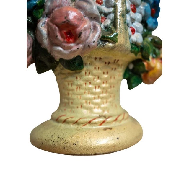 Early 20th Century Basket of Roses With Bow Painted Cast Iron Doorstop For Sale - Image 9 of 10