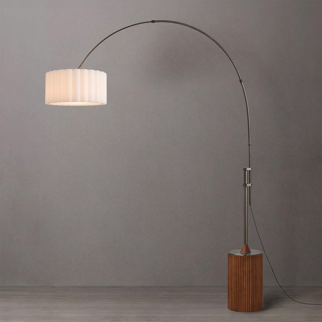 Mid-Century Modern 1980s Tambo Floor Lamp - 92" Mid Century Arc Lamp, Dark Walnut Base, Black Nickel Finish, Lucite Drum Shade For Sale - Image 3 of 7