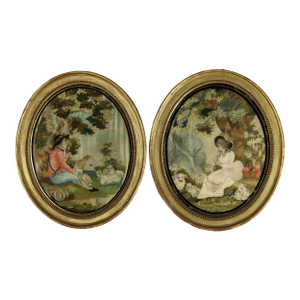 Pair Silkwork Embroidered Pictures of Shepherd & Shepherdess