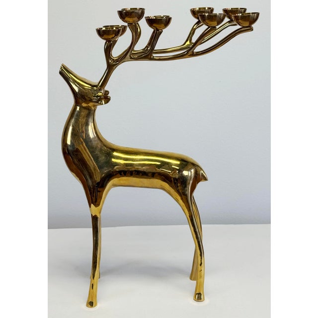 Stunning vintage solid brass stag deer candelabra to hold ten (10) squat, rounded candles at antler tips. Substantial in...