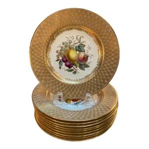 Early 20th Century English Copeland Spode Hand Painted Fruit Plates - Set of 10