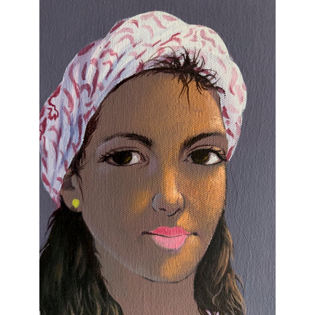 Caribbean folk art figurative portrait of a woman surrounded by a dense field of multicolored flowers in pink, blue,...