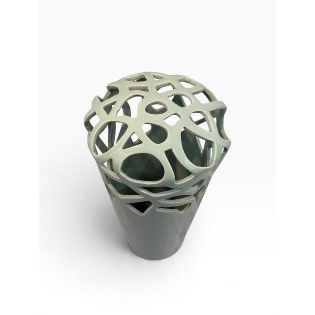 Mid-Century Modern Celadon Green Reticulated Ceramic Vase, Pierced Lattice Double-Wall, Contemporary, 14 Inch For Sale - Image 3 of 4