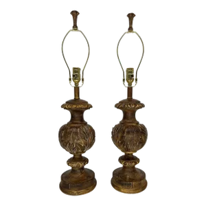 Pair, Fine Arts Lamp Company Gilt Wood Baroque Style Table Lamps