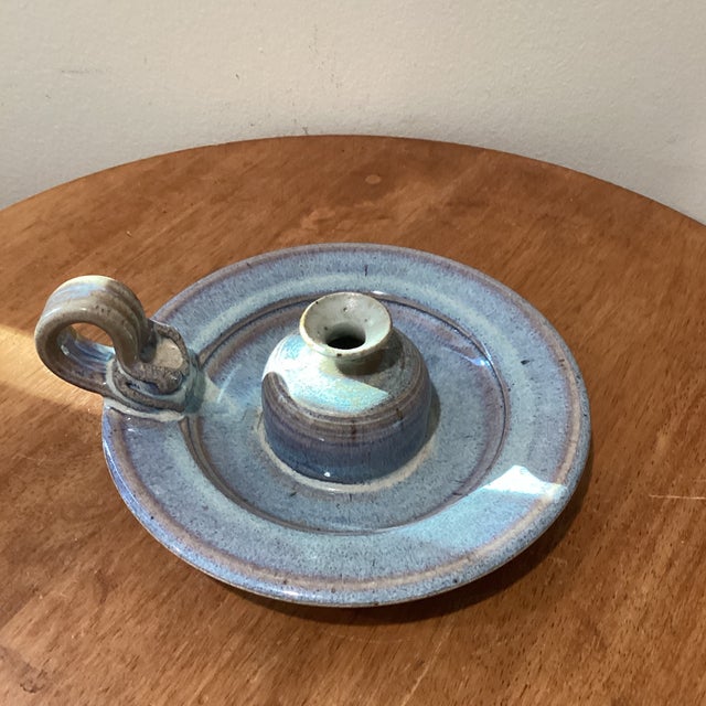 French Vintage Studio Pottery Handcrafted Stoneware Glazed Candle Holder W/Attached Drip Plate Signed For Sale - Image 3 of 12