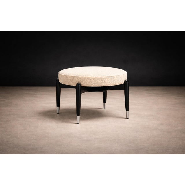 Móveis Cimo Round Stool in Ebonized Wood With Metal Sabots, Brazil, 1950s — Newly Upholstered in Warm Ivory Bouclé For Sale - Image 9 of 9