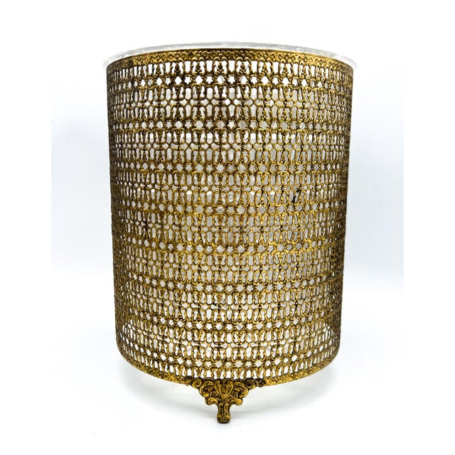Vintage Hollywood Regency Pierced Gilt Metal Wastebasket With Clear Liner For Sale - Image 12 of 12
