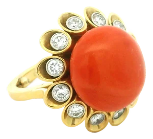 1970s Alletto Brothers Coral & Diamond 18k Gold and Platinum Ring, Size 4