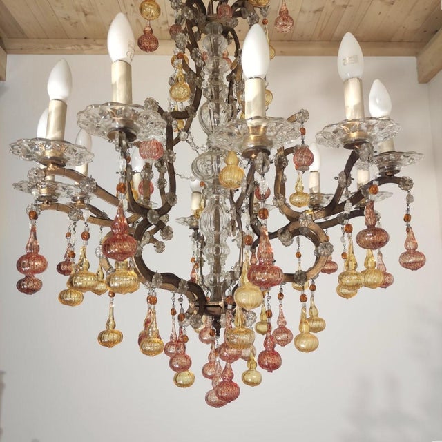 Twelve-Light Chandelier with Blown Glass Pendants attributed to Banci Firenze, 1950s For Sale - Image 4 of 11