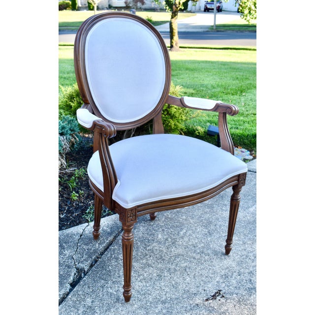 Wood Ethan Allen Walnut Armchair Oval Back Louis XVI Carved French Accent For Sale - Image 7 of 18