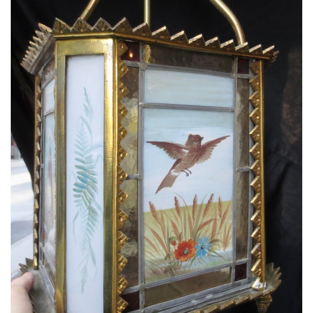 Arts & Crafts 1900s Arts and Crafts Stain Glass Lantern Birds For Sale - Image 3 of 12
