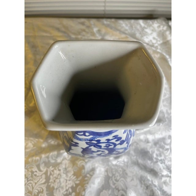 Chinese Large 14" Vintage Chinese Blue and White Hexagonal Vase - Scrolling Lotus Design For Sale - Image 3 of 10