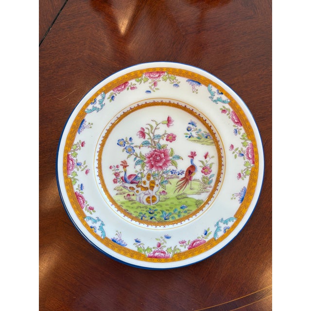 Turquoise 1900s Edwardian English Coalport Chinoiserie Bird & Floral Dinner Plates, Set of 8 For Sale - Image 8 of 9