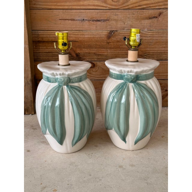 1980’s Post Modern Coastal Regency Teal Draped Ribbon Lamps-Pair For Sale - Image 12 of 12